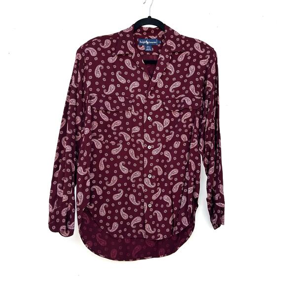 Vintage Ralph Lauren Maroon Paisley Button Down Shirt Blouse Size 4 Shoulder Pad - Picture 2 of 6